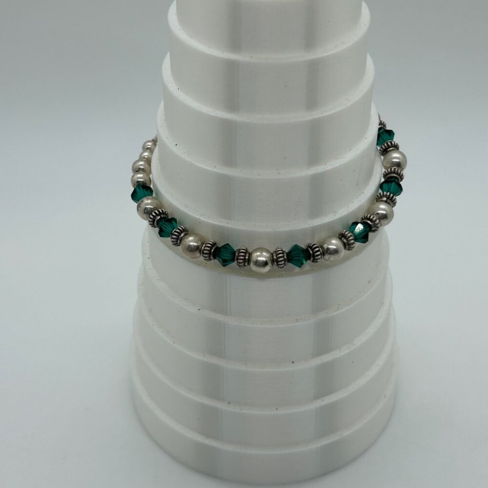 Artisan Sterling Silver Bracelet Green Crystal Bead Toggle Clasp 6.5" 10 grams - Picture 12 of 15